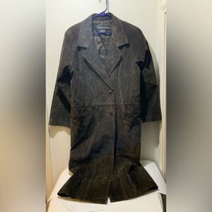 Savannah Retro Leather Coat Womens Large Brown Button Pockets Oversized Brown